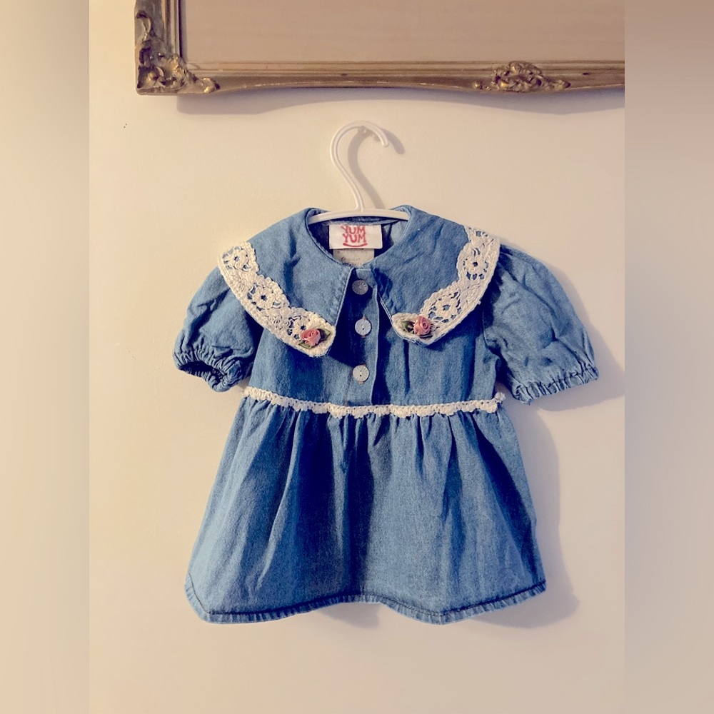 Vintage 80s Yum Yum Toddler Denim Mini Dress with Lace and Rosettes Size 2